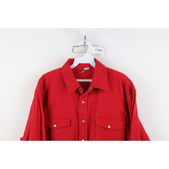Vintage 90s Marlboro Man Mens Large Faded Heavy Western Cowboy Button Shirt Red - Picture 2 of 12